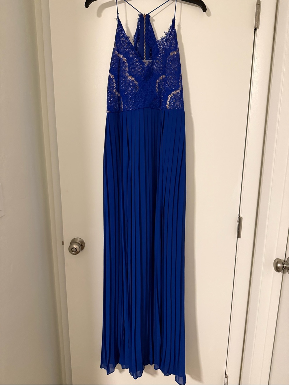Blue Lace Bodice Pleated Maxi Dress